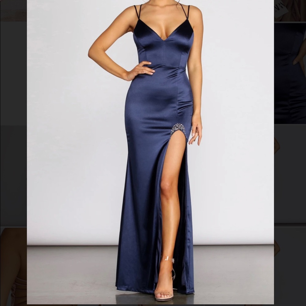 NWT Navy Slit Dress with Jewel Detail